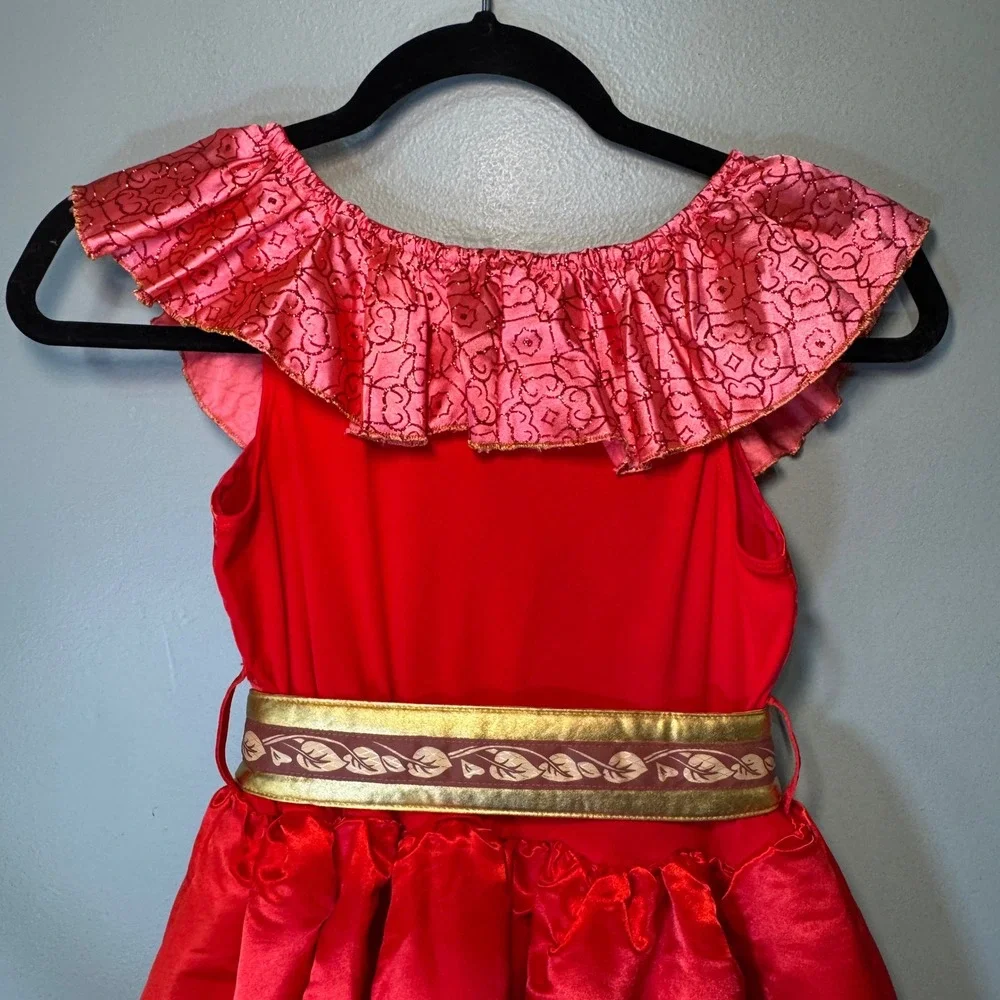 Disney Store Elena of Avalor Costume Dress Red Satin Gold Belt Girls Size 7/8